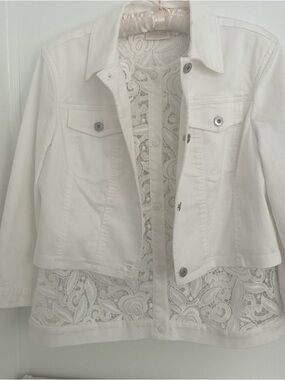 Chico's White Lace-Back Crop Denim Jacket